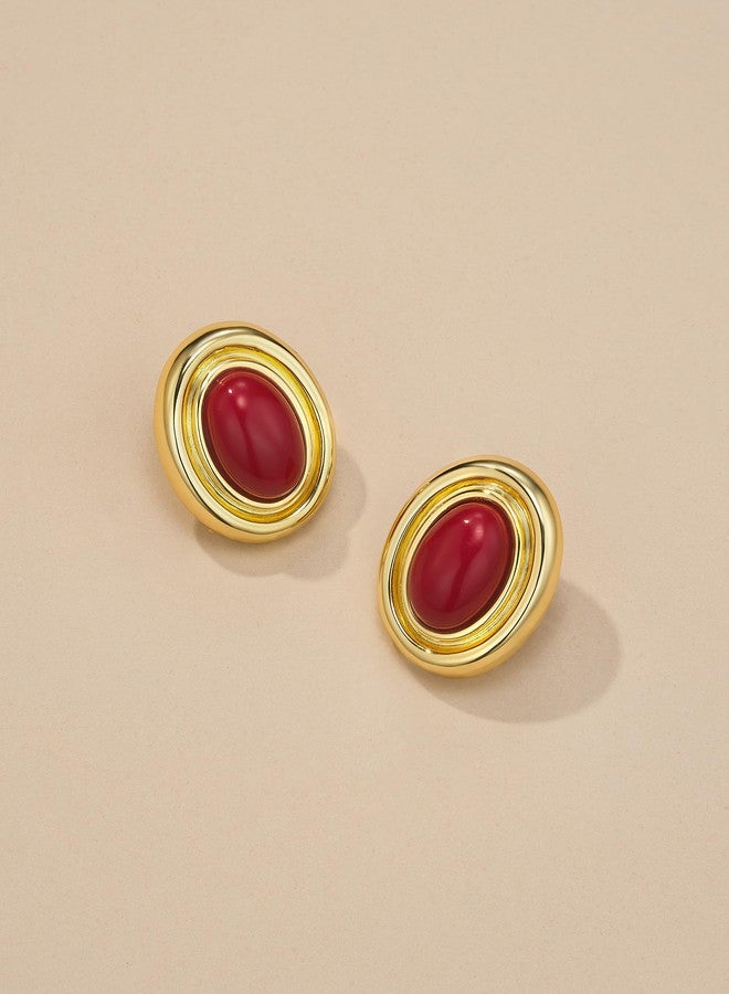 Sngia 18K Gold Plated Red Burgundy Maroon Created Resin Carnelian Oval Button Chunky Statement Earrings for Women, Bold Handmade Exaggerated Dome Retro Rounded Button Trendy Bohemian Gemstone Stud Jewelry Gifts, Unique Vintage Baroque Stone Summer Beach Fashion Accessories, Round Thick Circular Nickle Free Huggies Earring. (18K Gold Plated, Maroon) - Image 4